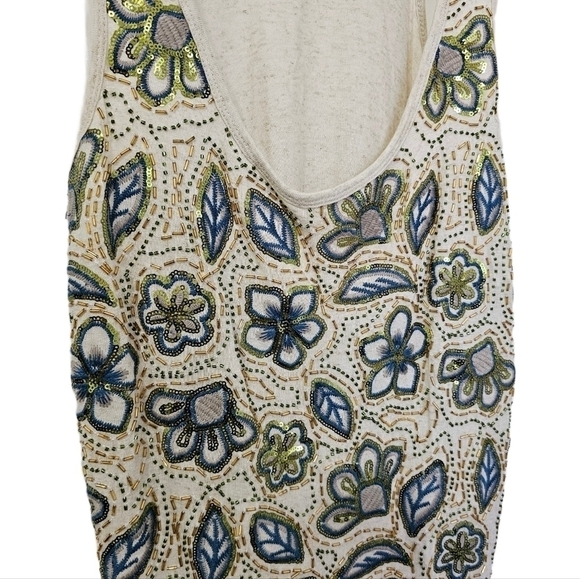 Floral boho embroidered beaded cream plunge neck tank top size small - Picture 3 of 9